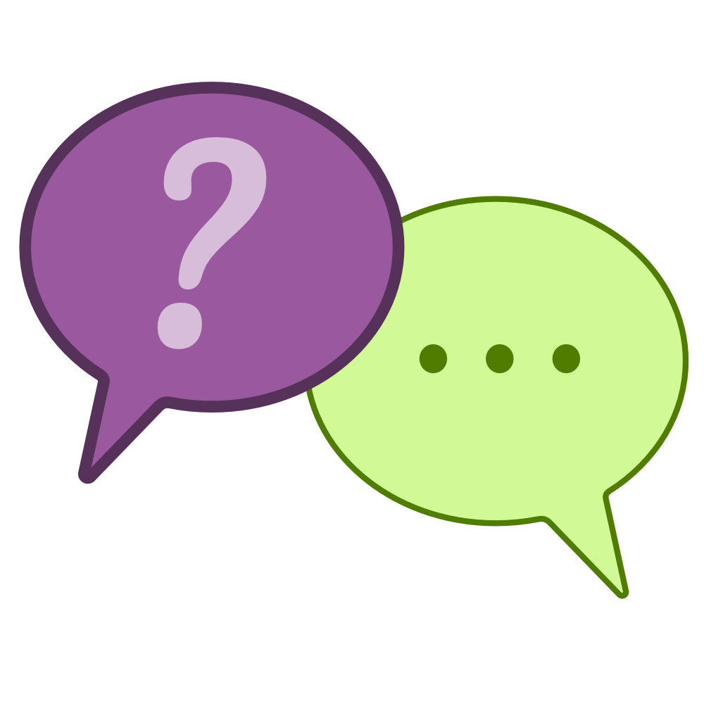 drawing of two speech bubbles, one on the left in purple with a question mark, and one on the right in pale green with three dots in it