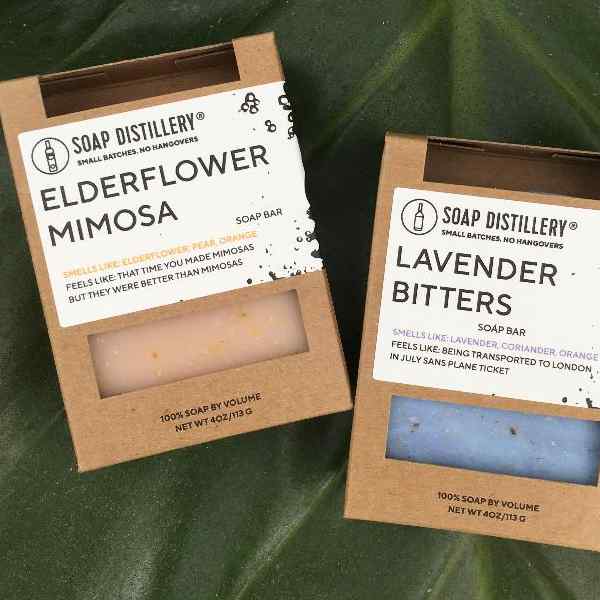 image of two boxes of Soap Distillery soaps - elderflower mimosa and lavender bitters