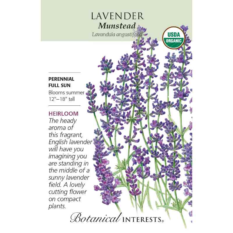 image of seed packet with several tall stems of lavender with many tiny purple blossoms.  logo and seed info in black type.  USDA organic logo in upper right corner