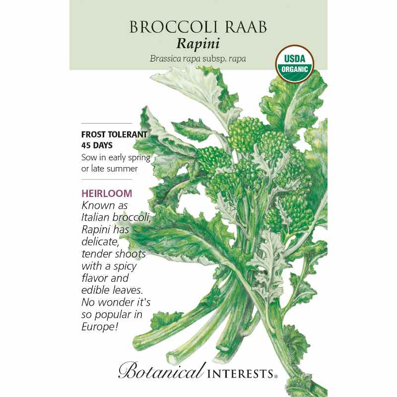 image of seed packet with drawing of broccoli raab rapini with long lobed green leaves and small blossoms.  logo and seed info in black type.  USDA organic logo in upper right corner