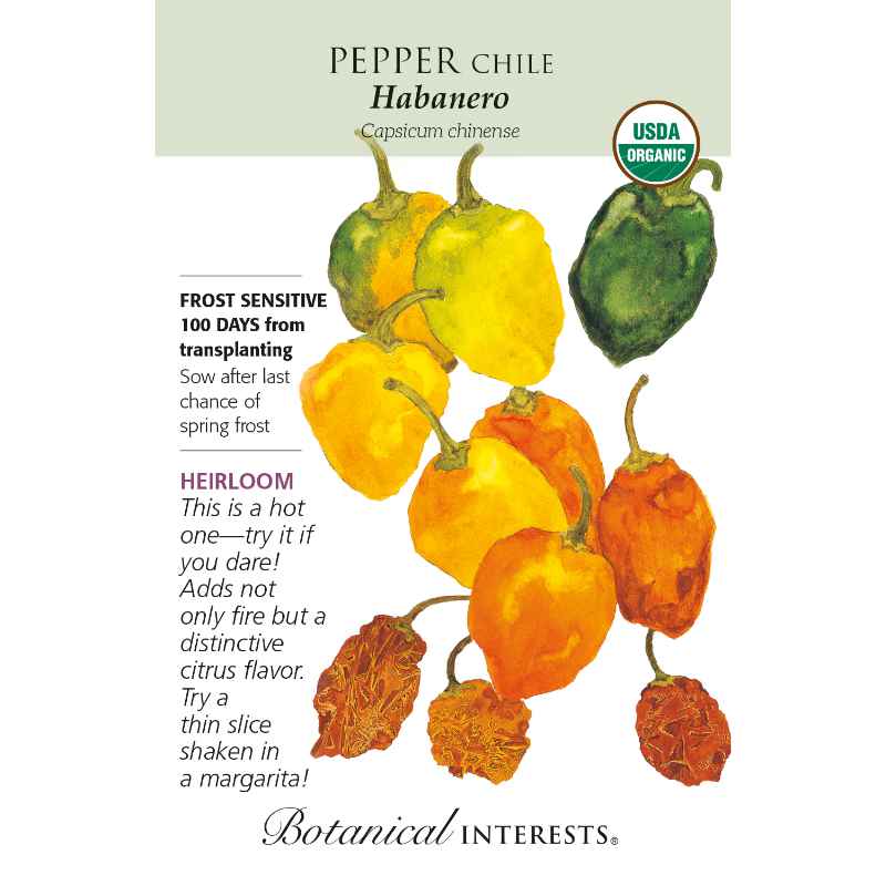 image of seed packet with drawing of several habanero peppers varying in color from green to yellow to orange to deep orange and three dried.  logo and seed info in black type.  USDA organic logo in upper right corner