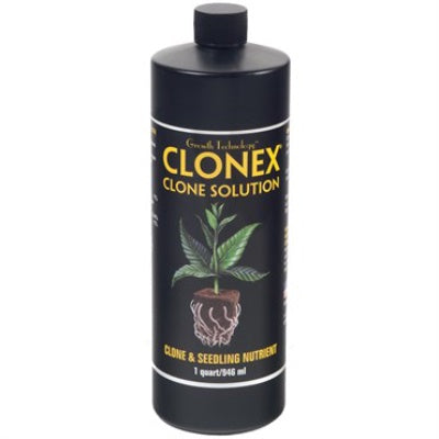 photo of tall black plastic round bottle with Clonex Clone Solution written in yellow, with a drawing of a small green cutting with root ball showing vigorous roots.