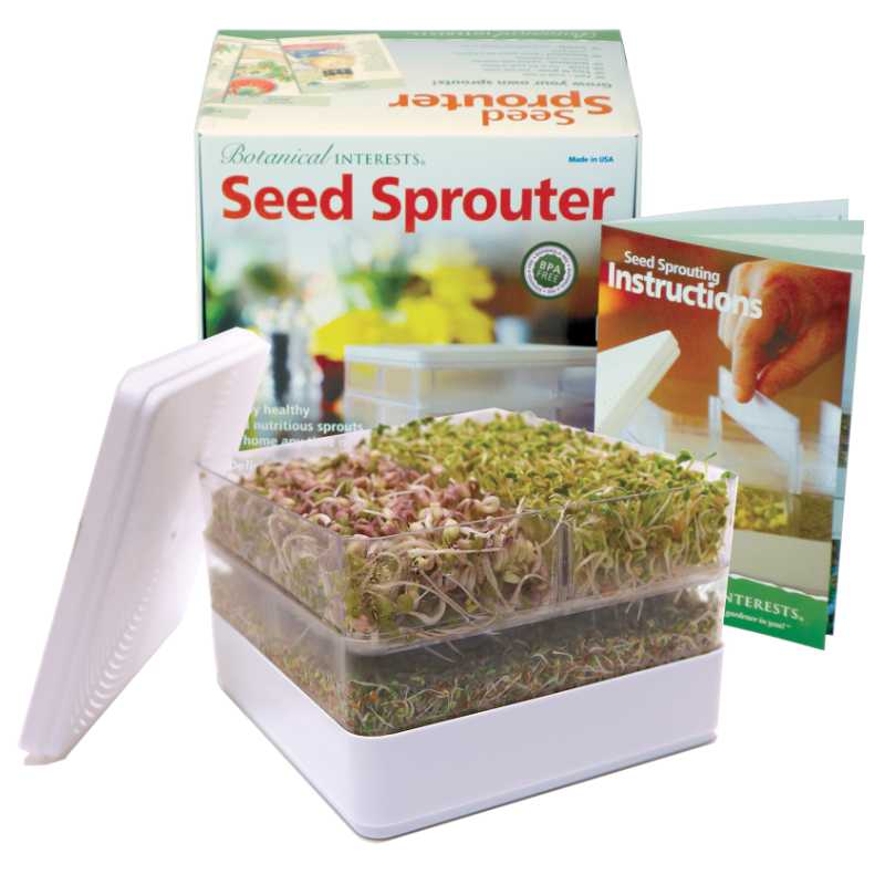 Image of seed sprouter with sprouts, the box and instructions