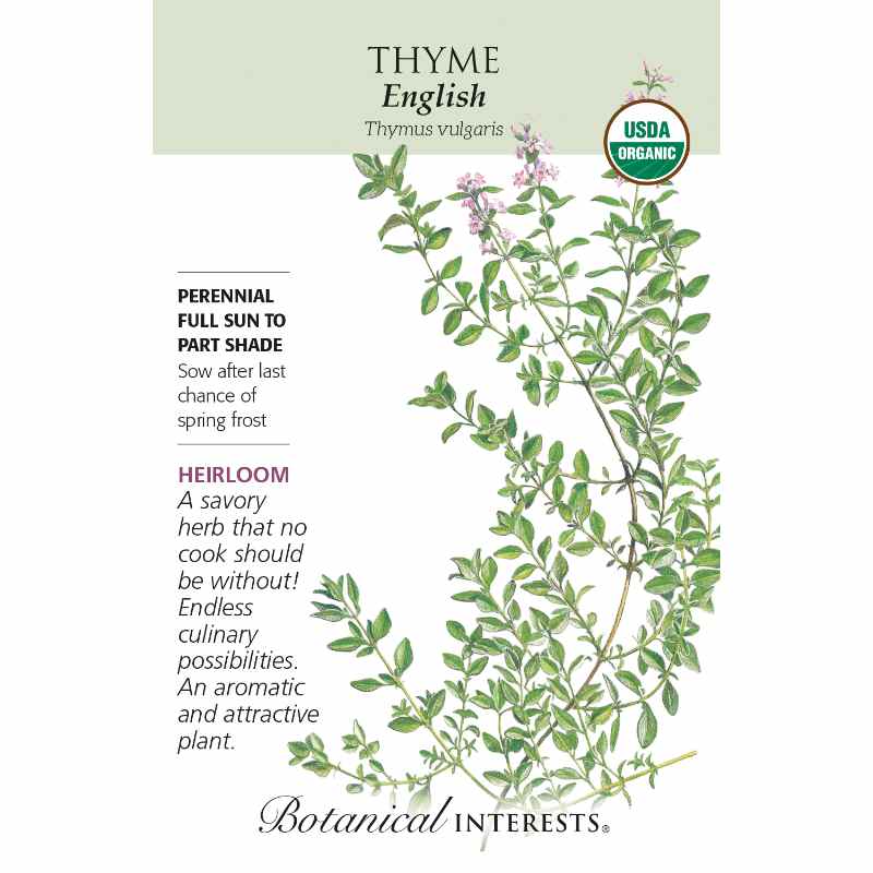 image of seed packet with drawing of a thyme plant with delicate stems and tiny green oblong leaves.  Small pink blossoms on a few of the tips of stems.  logo and seed info in black type.  USDA organic logo in upper right corner