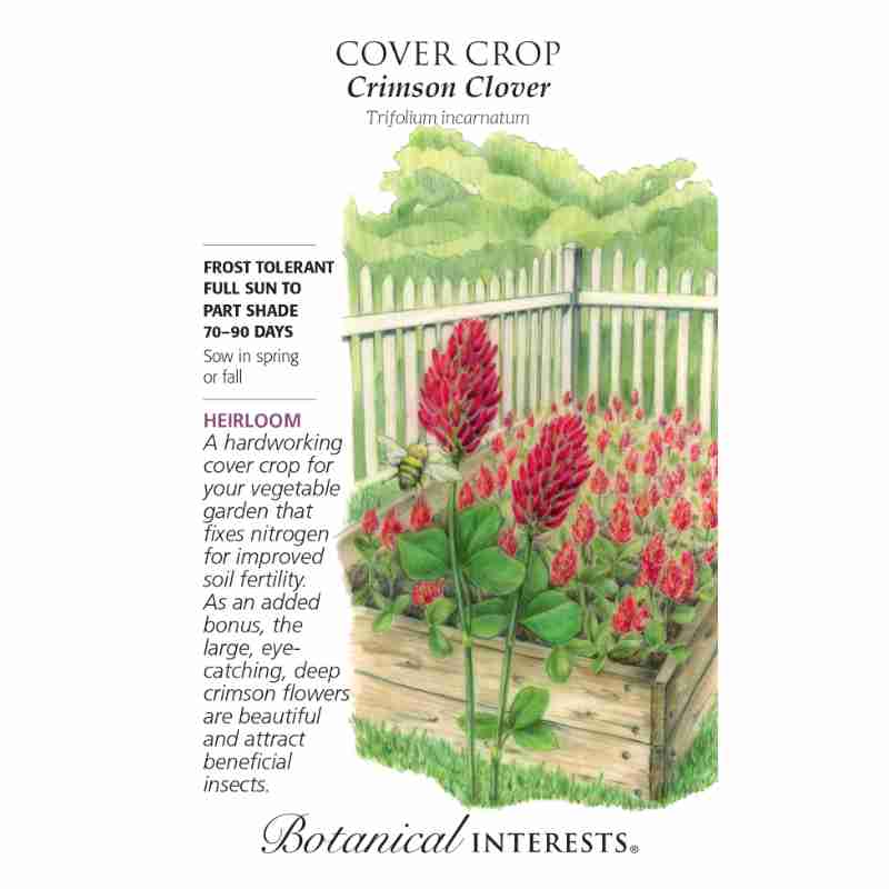 seed packet with drawing of raised bed with blooming red clovers