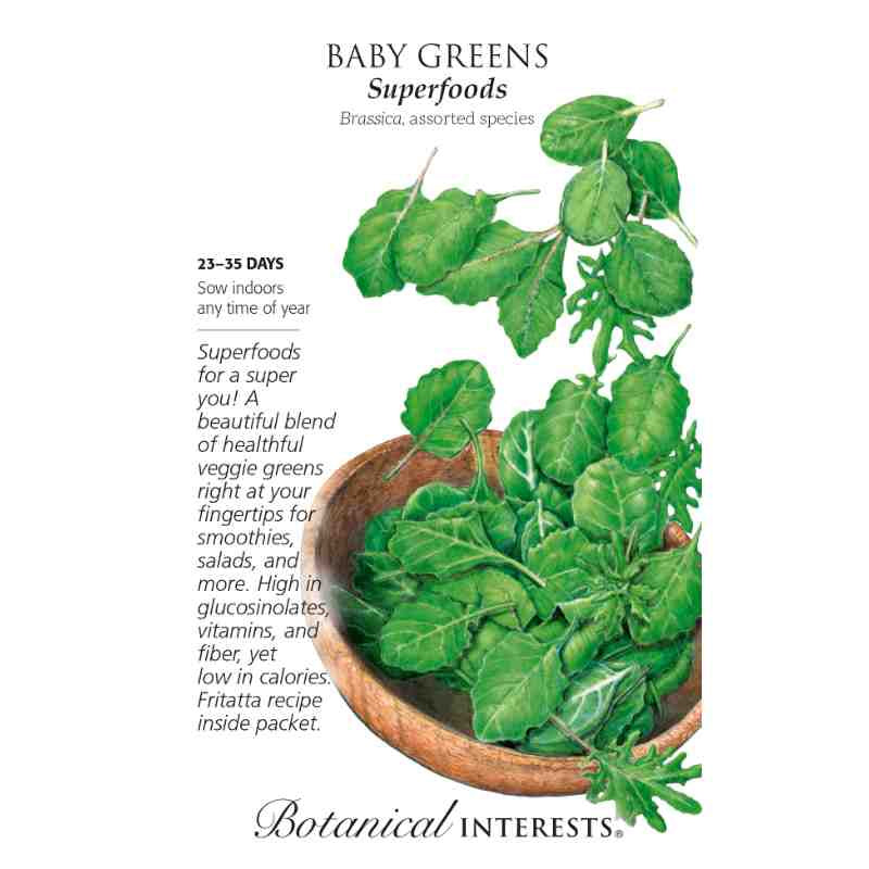 image of seed packet with a drawing of a wooden salad bowl being filled with a mix of different types of greens, from oblong and oval to long and lobed.  logo and seed packet info in black type