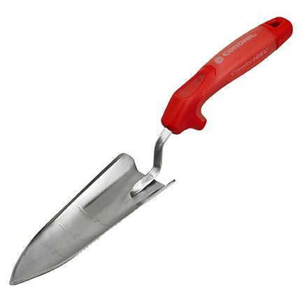 image of a trowel with a long pointed stainless steel blade and red handle