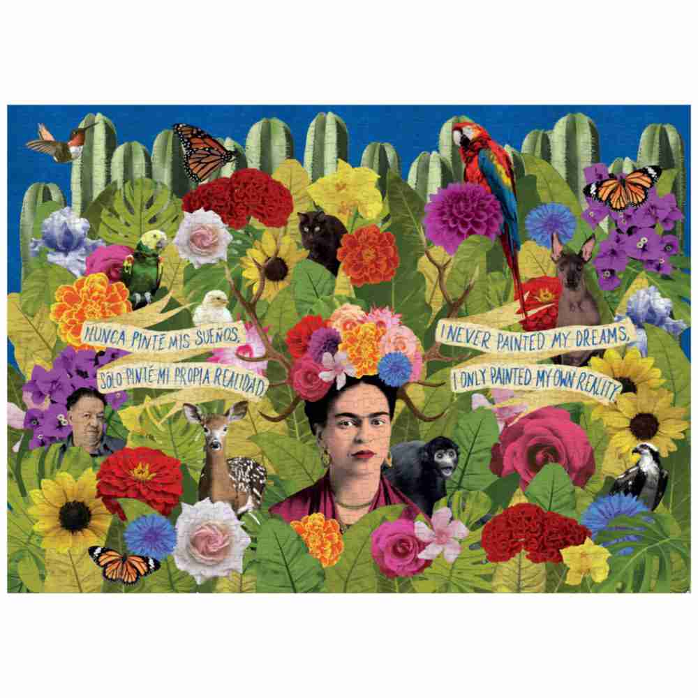 image of puzzle box with an image of Frida Kahlo surrounded by colorful flowers and animals