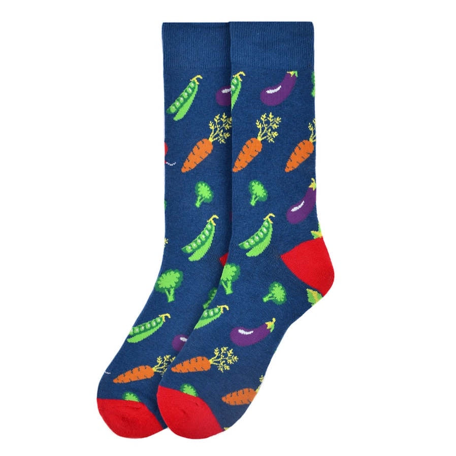 image of a pair of blue socks with red hell and toes with images of different vegetables on them
