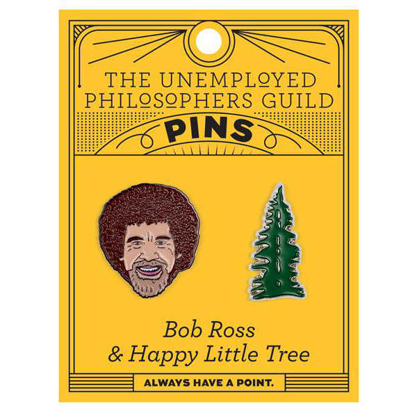 image of two pins.  one of Bob Ross's head and the other of an evergreen tree