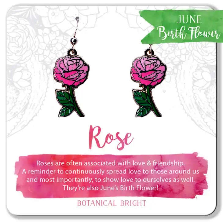 image of pair of earrings in shape of roses in shades of pink on a green stem.  On a card with description in deep pink and white