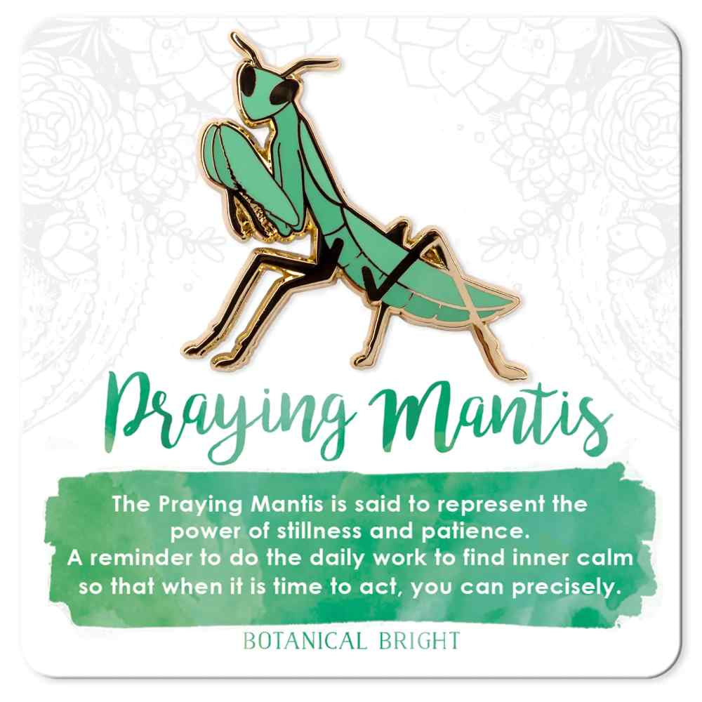 image of pin in shape of praying mantis in medium green.  On a card with description in green and white