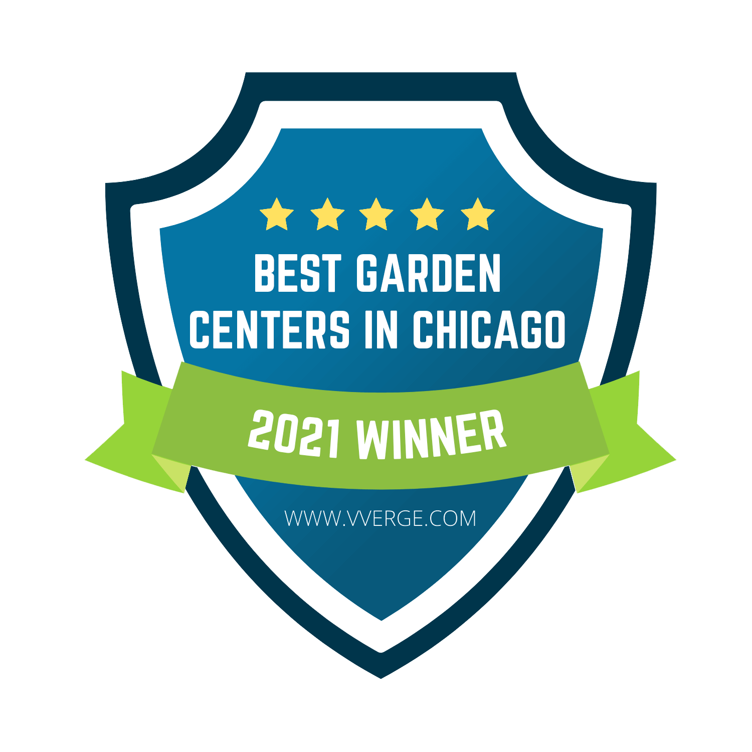 image of shield shaped badge in bright blue with a dark blue outline and a bright green banner at the bottom.  Five yellow stars at the top.  Text says Best Garden Center in Chicago 2021 Winner