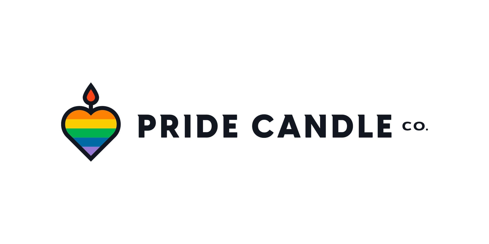 image of pride candle company logo with a rainbow heart on the left with a small flame above, and the company name in black on the left.