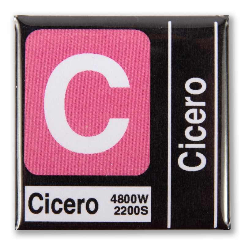 image of square magnet with white C on a pink background and the words Cicero around it