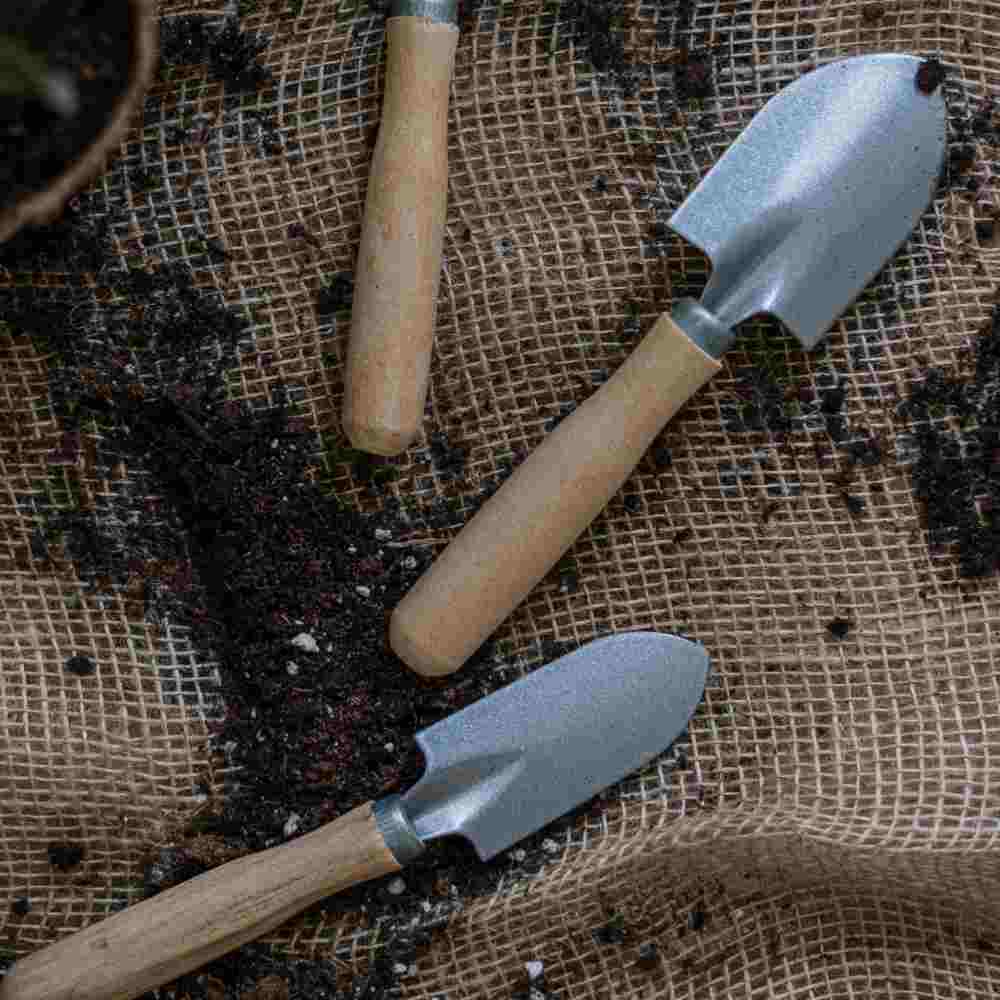 three trowels with blue, green and purple handles