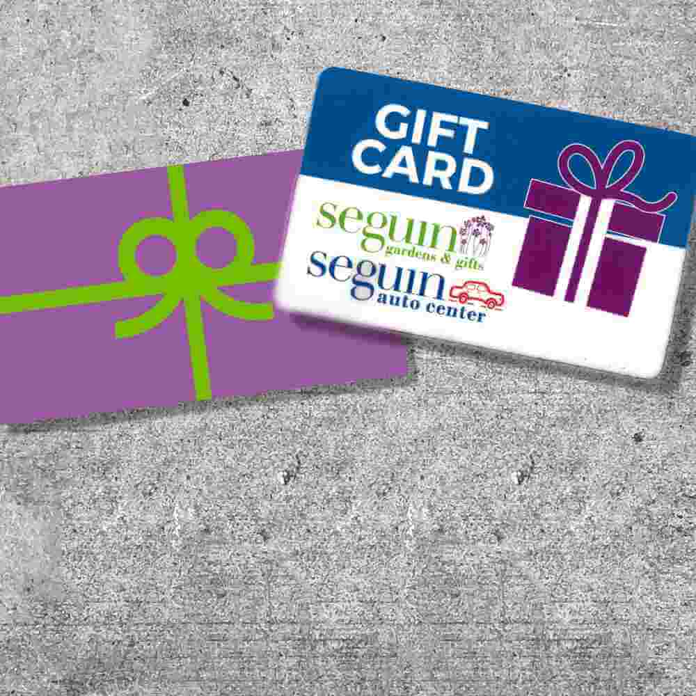 image of concrete surface with two gift cards --- one purple with a bright green bow drawn on it, and another blue and white with a purple gift box drawn on it along with the business logos