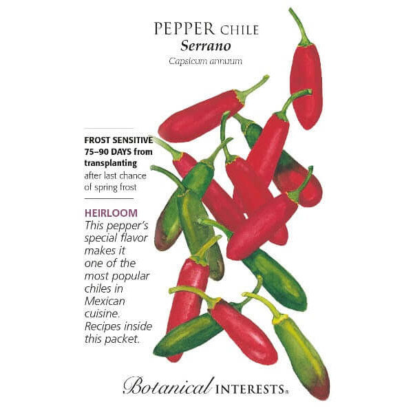 Serrano pepper seed packet with illustrations and text on a white background