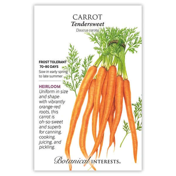 Seed packet for 'Carrot Tendersweet' with illustration of carrots and text details.
