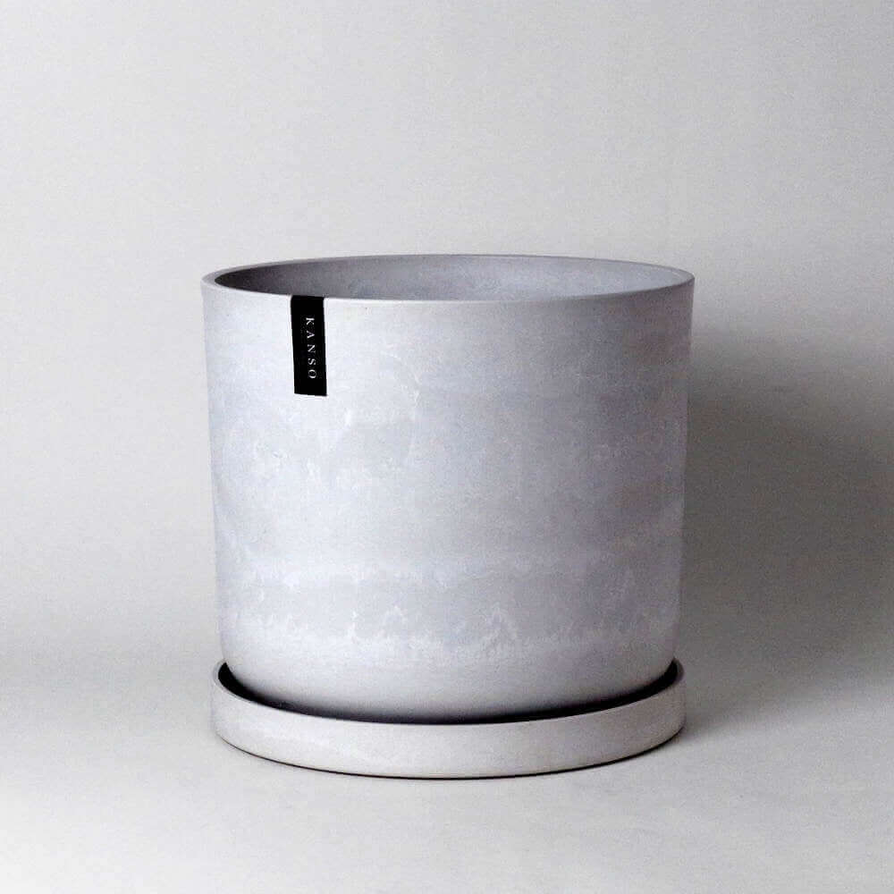 image of light grey color round planter with saucer