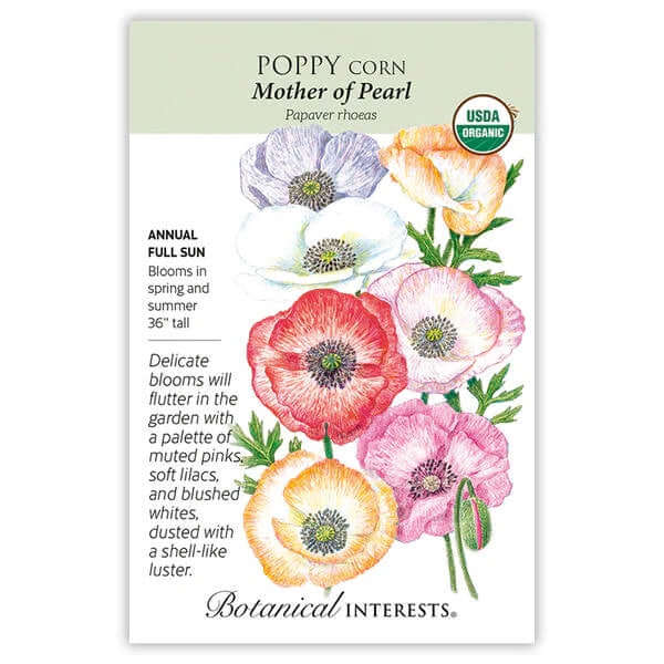 image of seed packet with poppy blossoms in colors of white, rose, red, orange, white