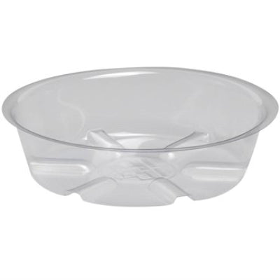close up image of clear plastic saucer with ridged bottom and lipped sides