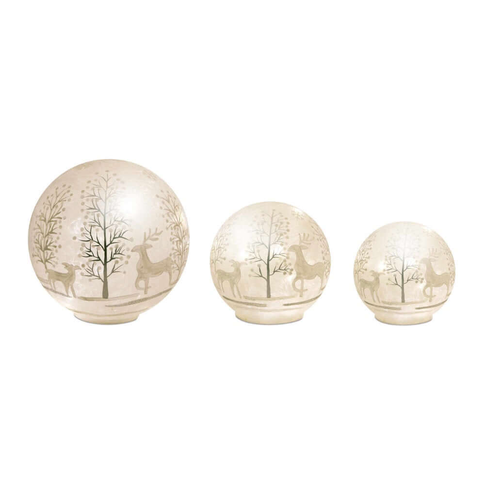 three different sized clear globes with frosted design and LED lights inside