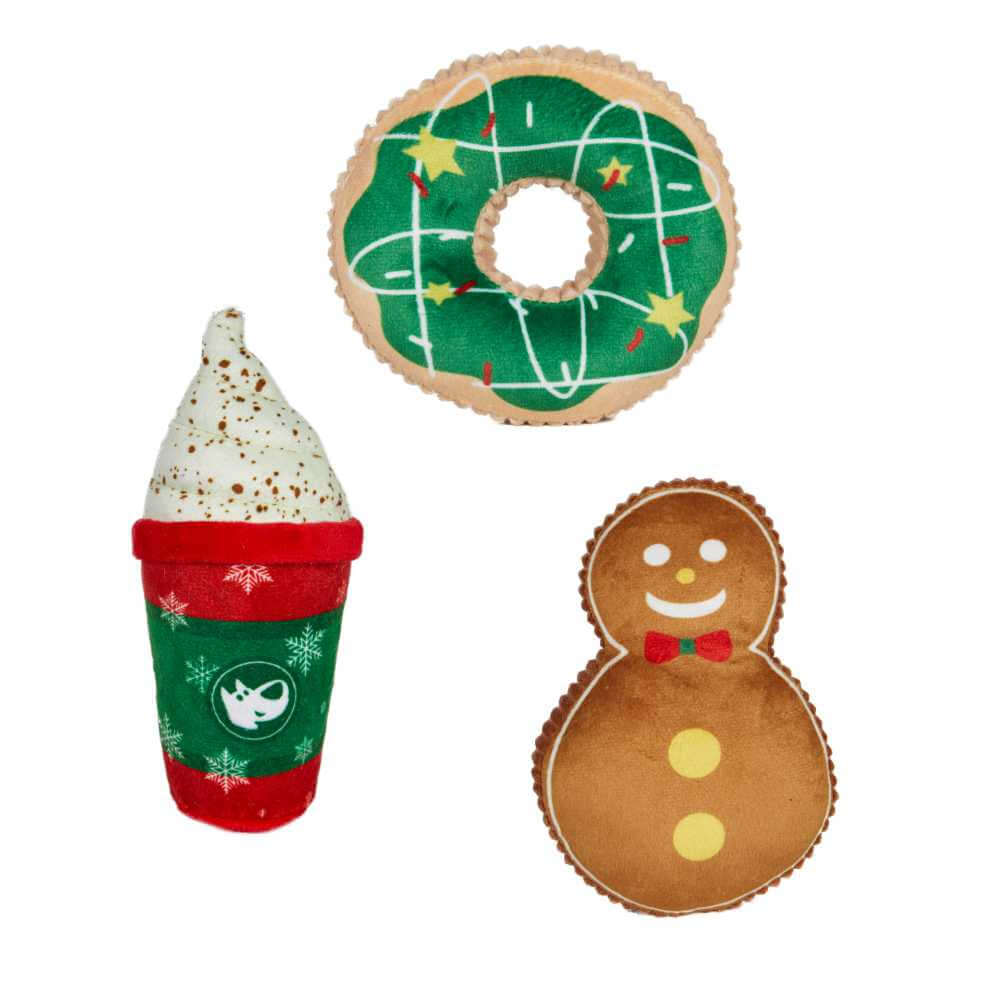 image of three dog toys, one shaped like a doughnut, one shaped like a gingerbread snowman and one shaped like a cappuccino in a cup
