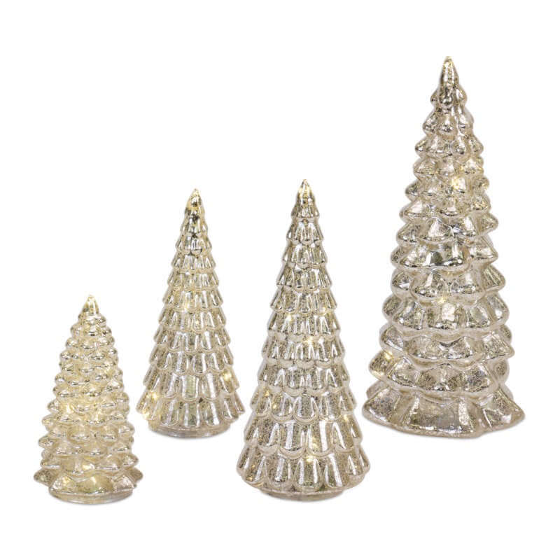 Set of four silver Christmas tree decorations on a white background