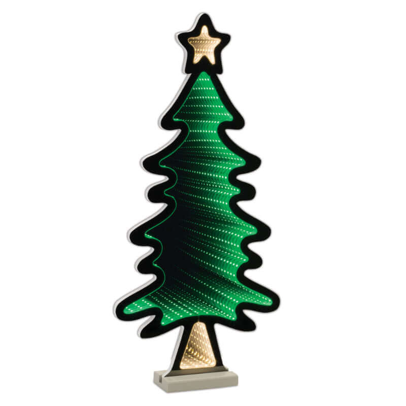 Decorative Christmas tree light with a star on top, glowing against a dark background.