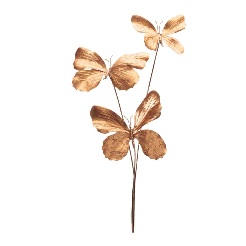 Decorative butterfly wall art in a metallic gold finish on a white background