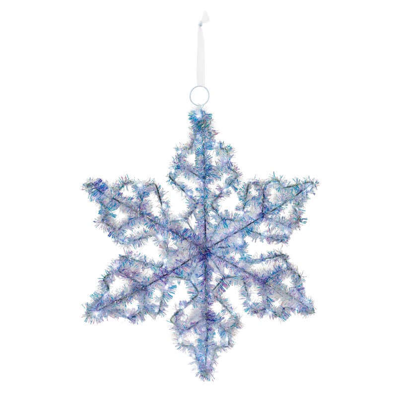 large snowflake covered in silver tinsel with LED lights