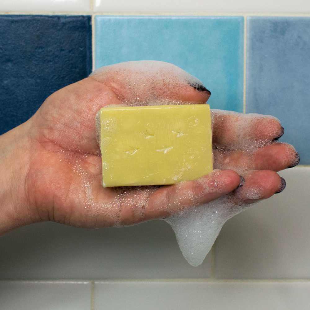 image of rectangular bar of soap with wrapper featuring a drawing of a birdbath with several birds taking a bath