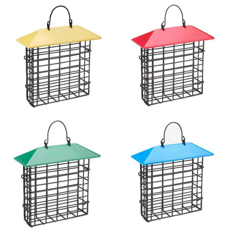 image of four bird feeders consisting of a wire mesh bottom with a gable roof on top.  Each one has a different color roof