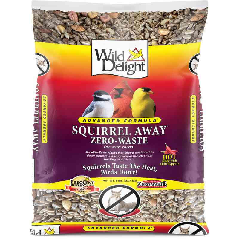 image of clear plastic bag of bird seed with large label in purple and yellow