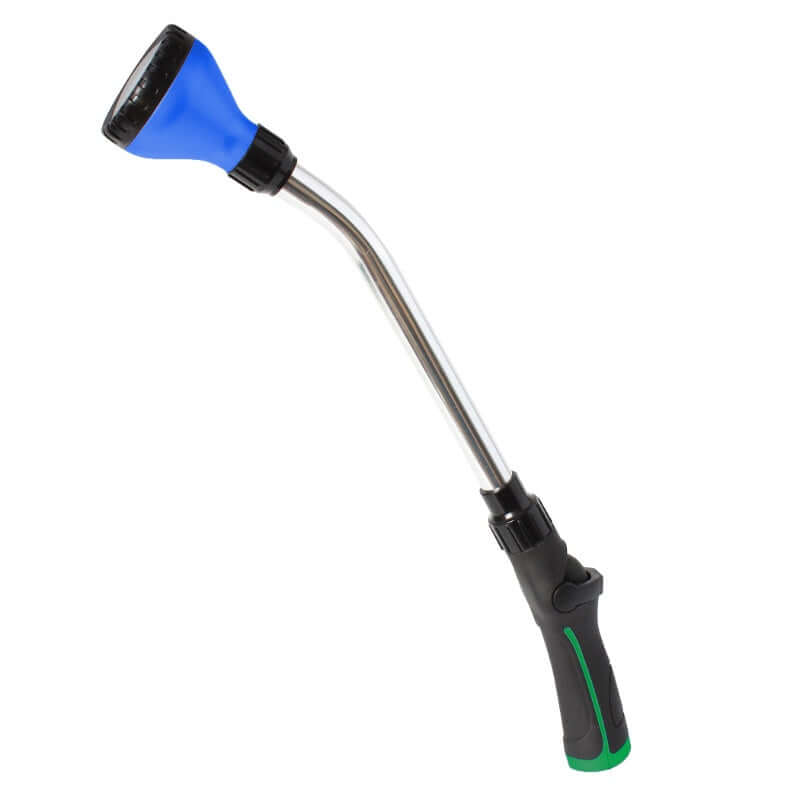 image of watering want with blue spray head and black and green handle