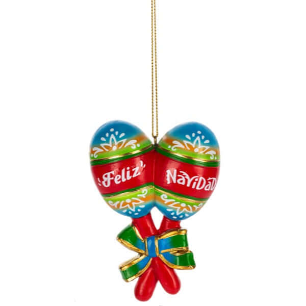 pair of colorful maracas with the words Feliz Navidad