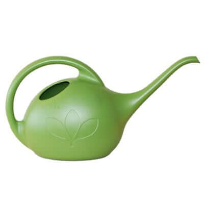 image of bright green watering can in oval shape with a rounded handle on top and a curved spout on the side