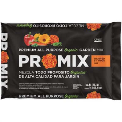 image of rectangular bag of soil in black with white and orange lettering