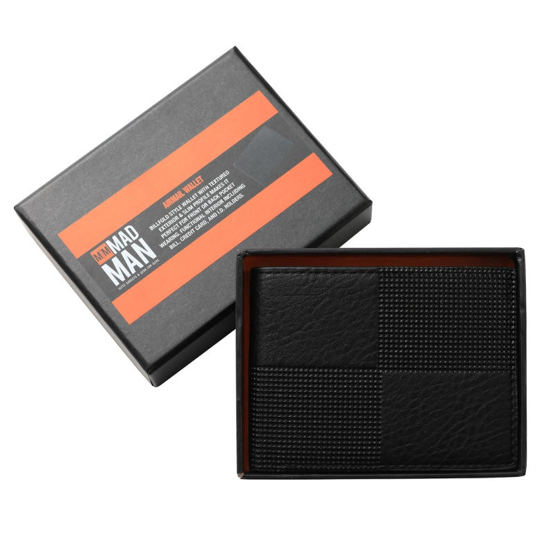 Black textured wallet with 'Mad Man' branding on a white background