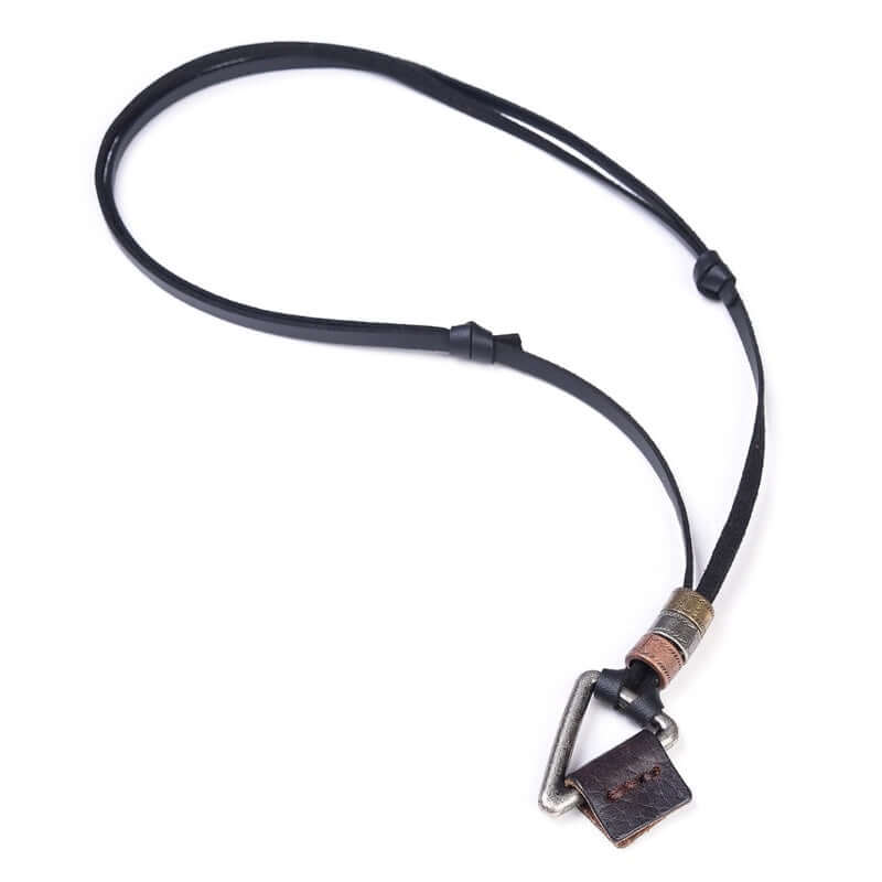 Black leather lanyard with metal clip on a white background