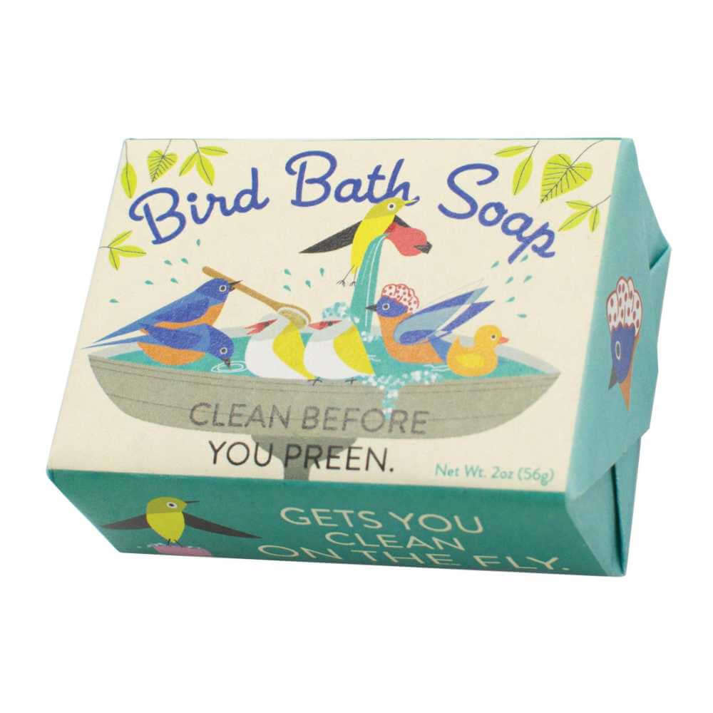 image of rectangular bar of soap with wrapper featuring a drawing of a birdbath with several birds taking a bath