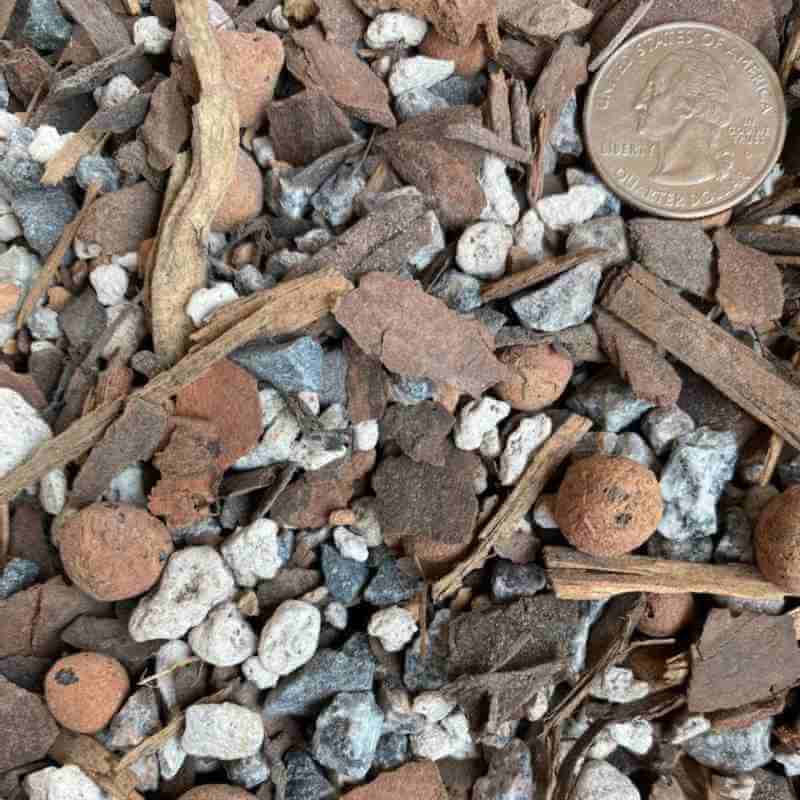 closeup image of product showing chunky mix of ingredients, with a quarter coin in the corner for size comparison