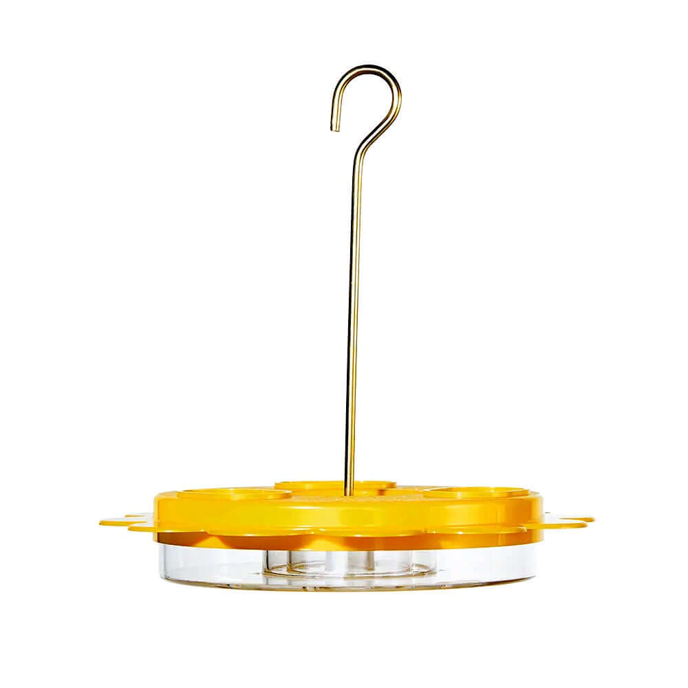 image of silver hook with a yellow and clear flat butterfly feeder on the bottom