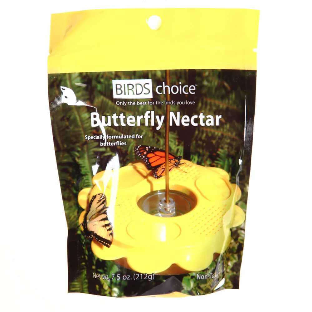 image of pouch with yellow top and photo of yellow feeder with butterflies around it.