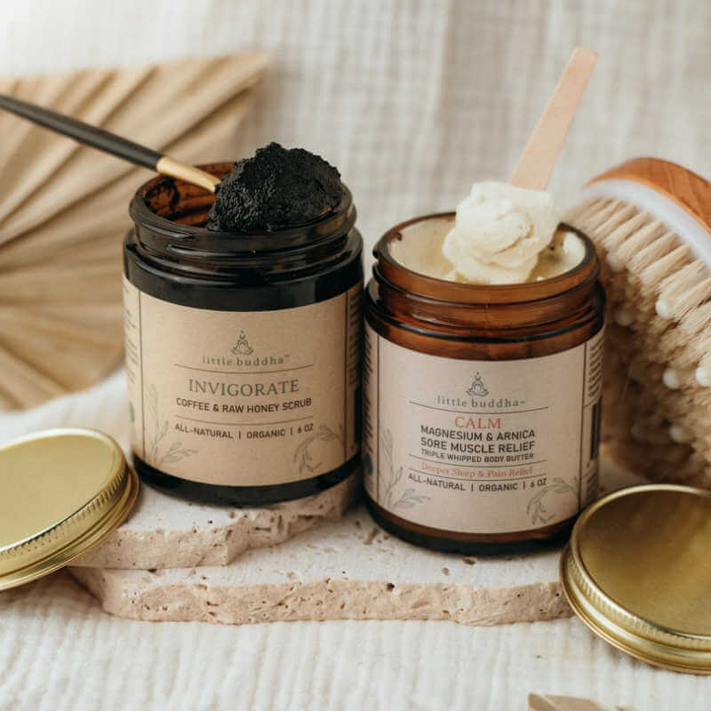 hand holding a brown glass jar with a natural kraft paper label