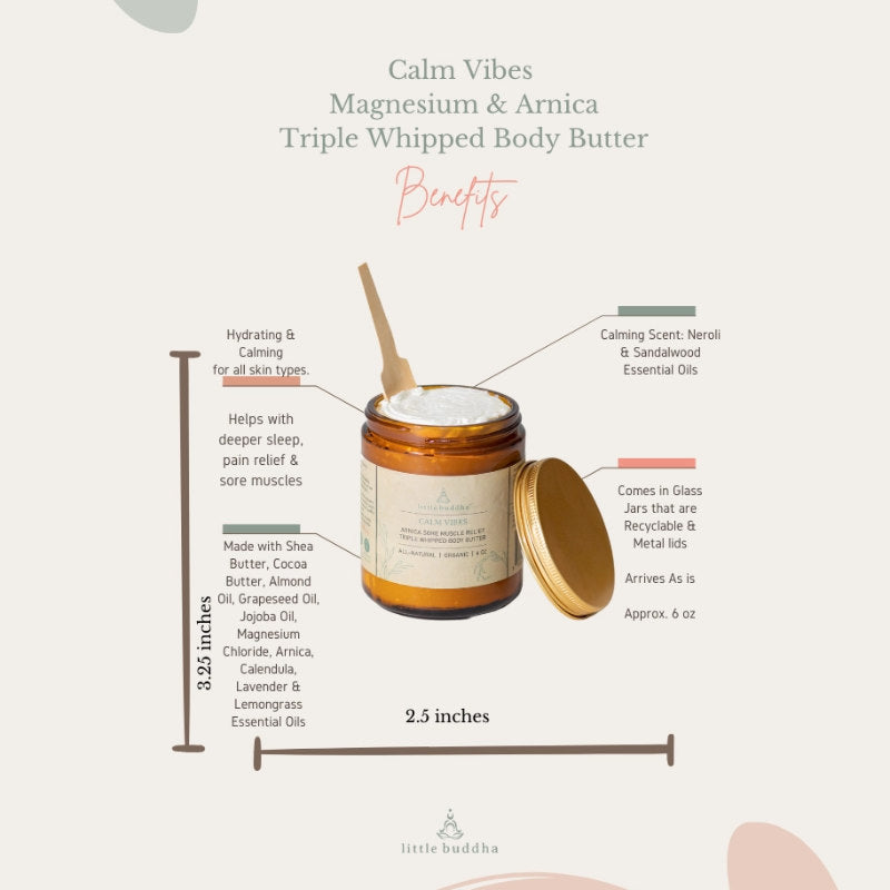 Triple Whipped Body Butter jar with measurements and benefits on a light background