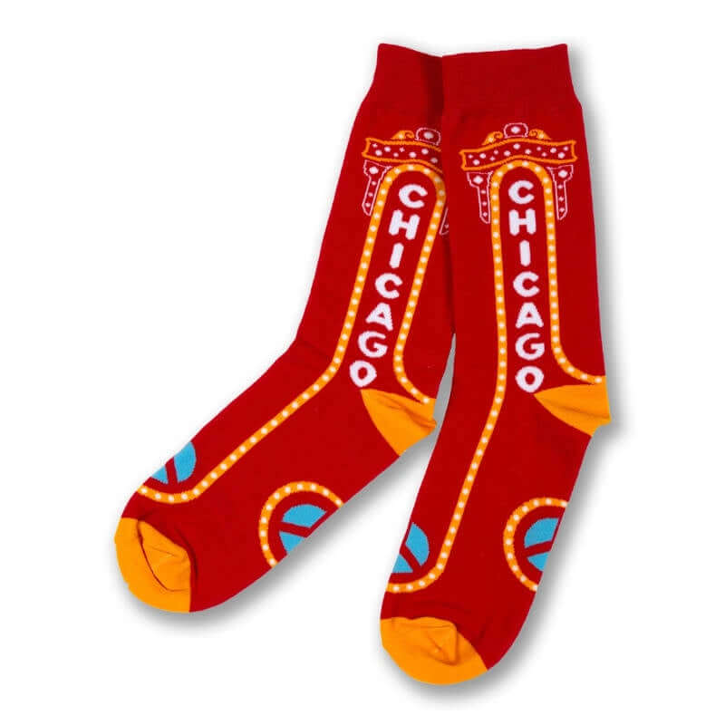 Red socks with &#39;Chicago&#39; text and light bulb design on a bright red background