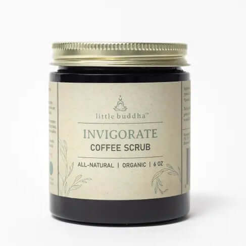 image of dark brown glass jar with light tan label saying invigorate coffee scrub.  brass lid.
