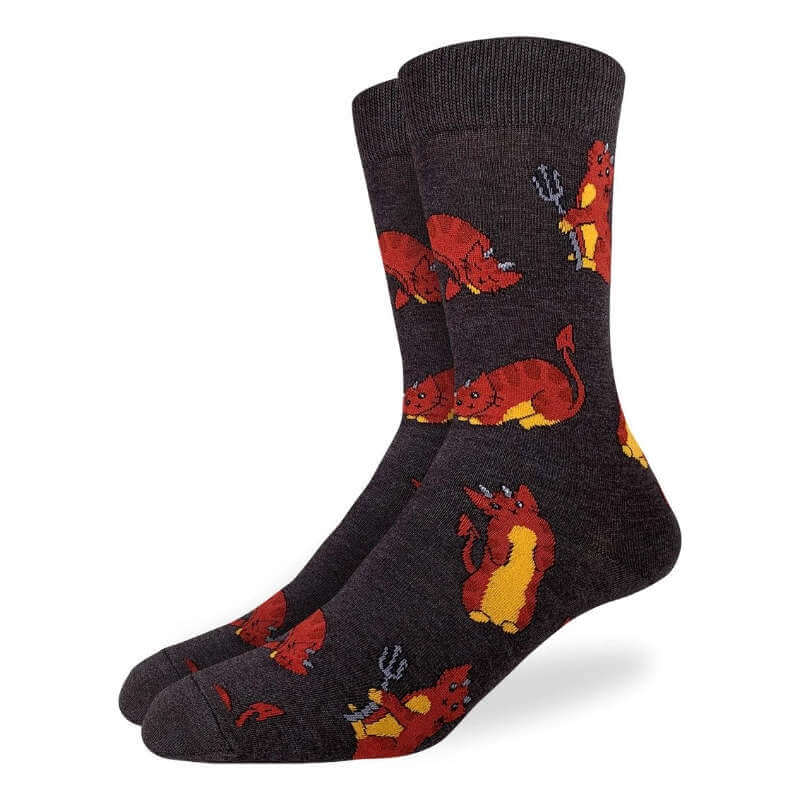 Dark gray socks with red and yellow cat designs on a white background